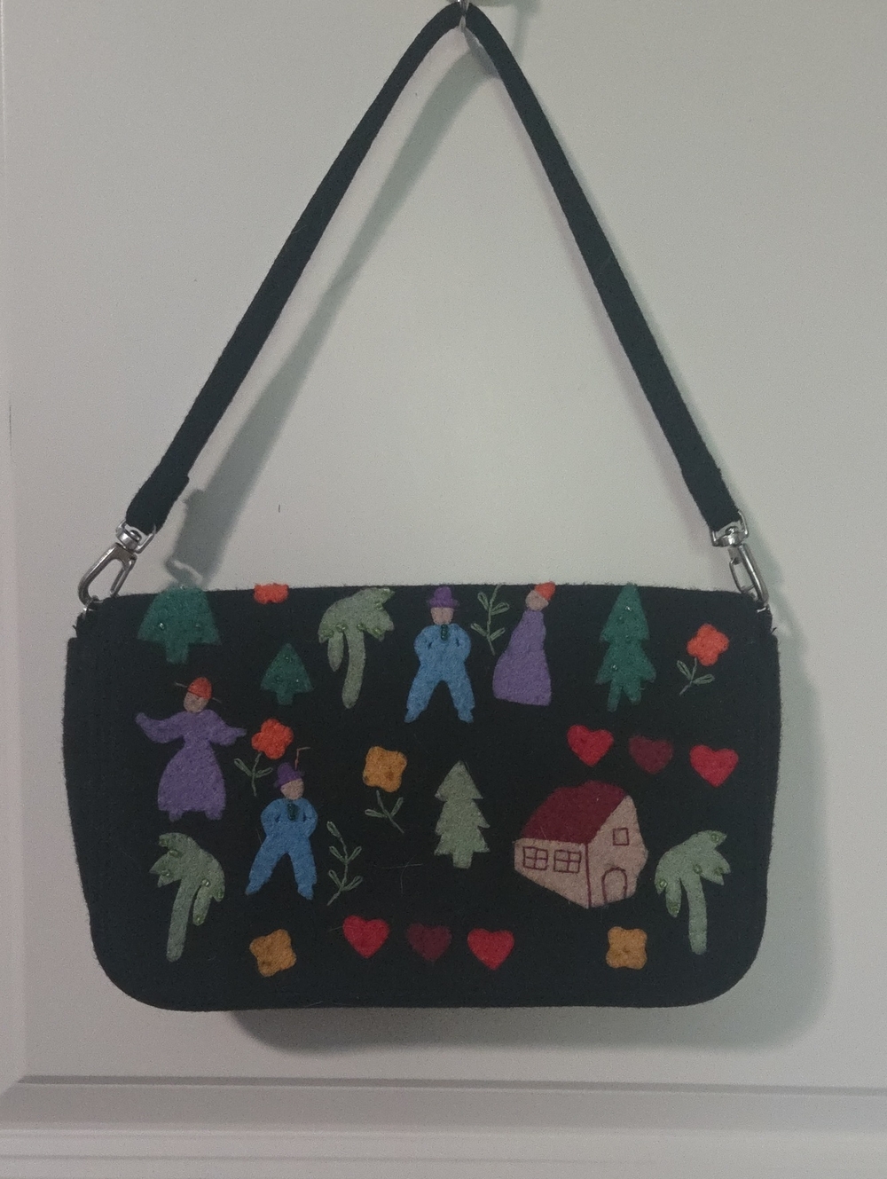 Lulu Guinness Black Shoulder Bag with Colorful Folk Embroidery